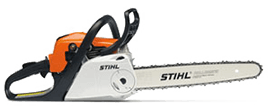 Orange and white Stihl chainsaw